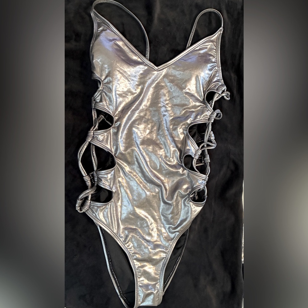 Metallic Silver Cutout One-Piece Swimsuit